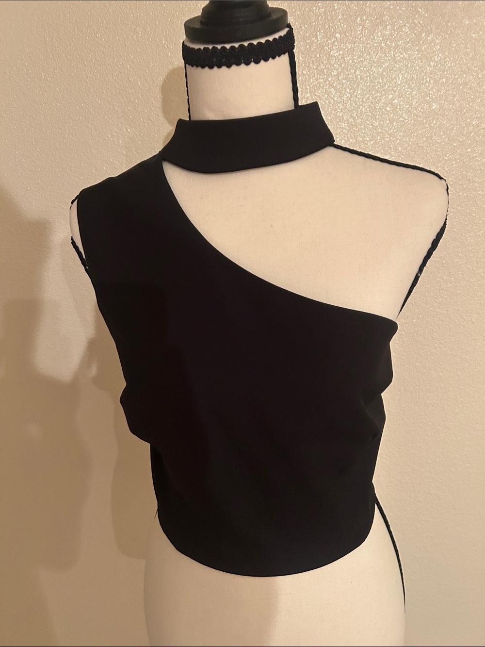 Black One-Shoulder Cutout Mock Neck Top